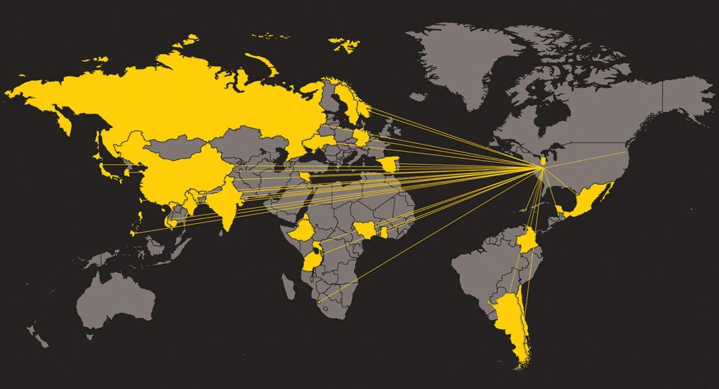 这张地图显示了世界各地的LM学生来自的国家